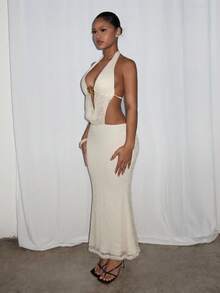 SHEIN PETITE 女士度假风深V海星印花纹理露背吊带高开衩连衣裙，米色 - 米色 - 查看 10