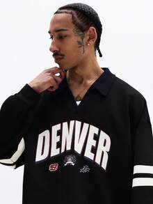 SUMWON Crop Fit Denver Varsity Style Long Sleeve Polo Shirt With Front Logo Chest Print Collared Casual Streetwear Top - Black - View 5