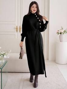 DAZY Đầm len nữ màu trơn dáng suông cổ cao đính đinh tán, thích hợp mặc mùa thu/đông. - màu đen - Xem 4