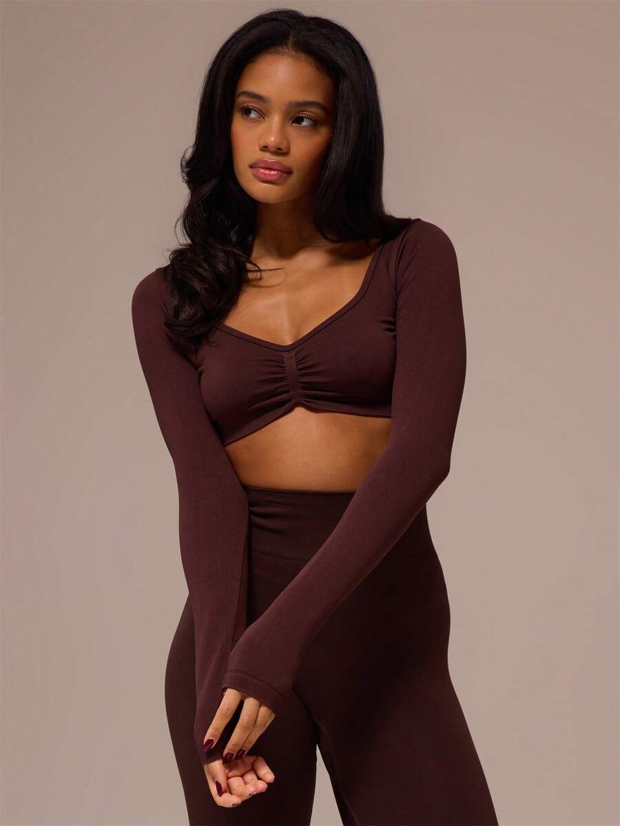 Musera Sport Áo bra thể thao tay dài, nhún bèo phía trước, thích hợp cho tập luyện thể dục, tập gym, pilates, thể hình, mặc hàng ngày. - Màu nâu Sô-cô-la - Xem 1