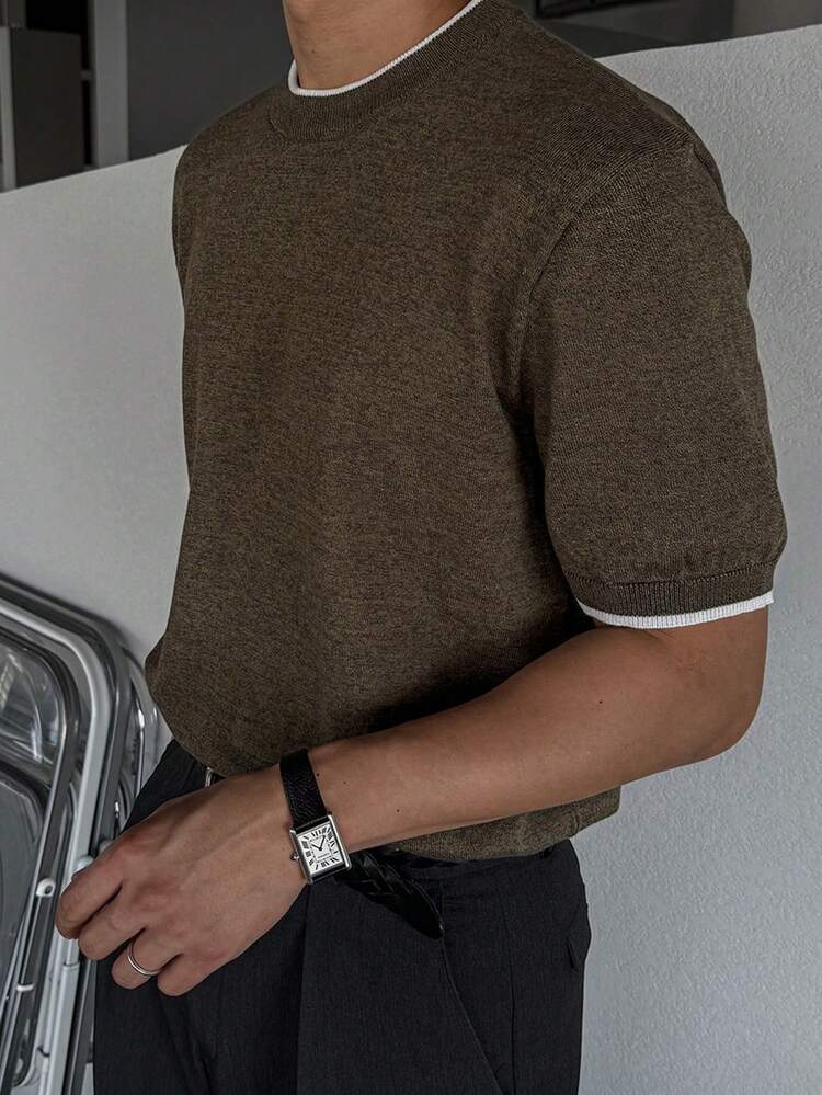 Men's Solid Color Crew Neck Brown Knit Sweater, Summer