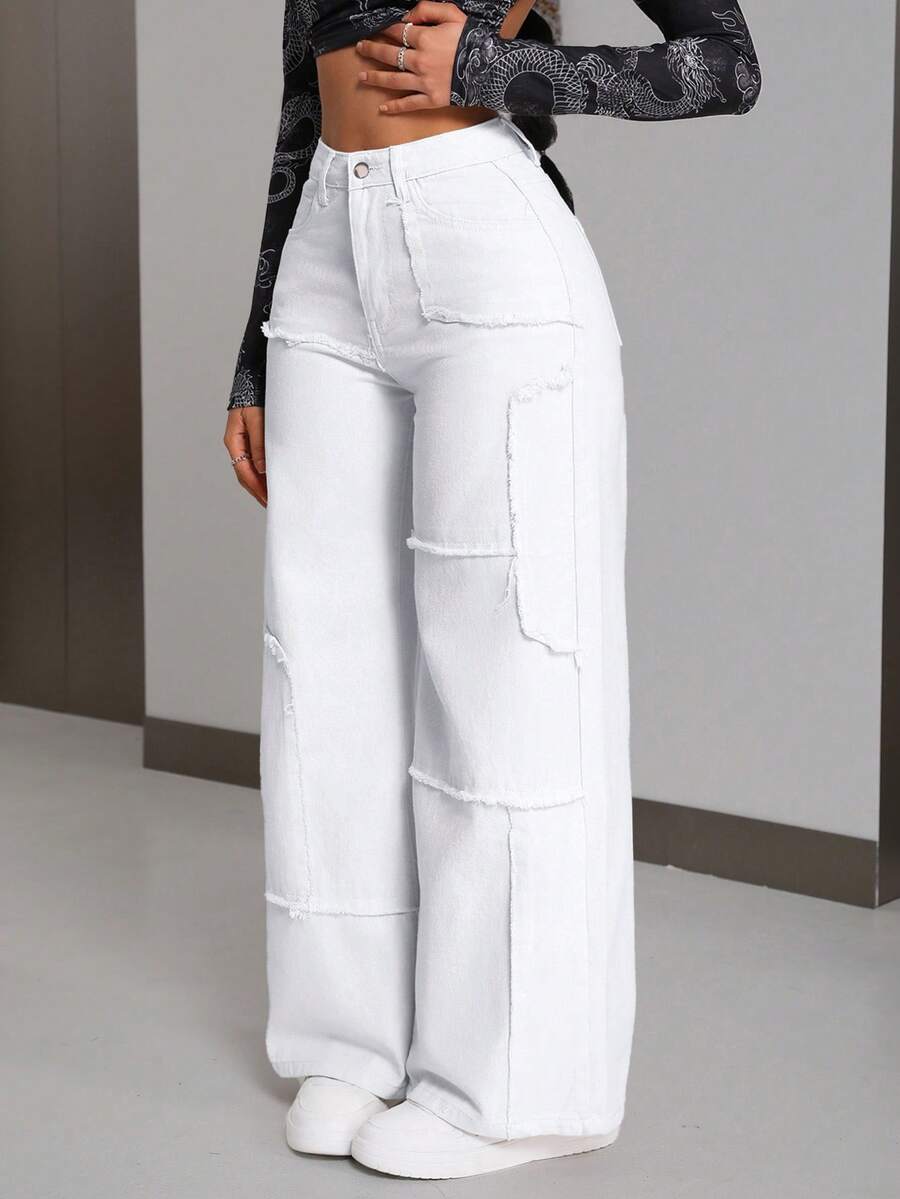 SHEIN PETITE Quần jeans nữ ống rộng cạp cao, gấu quần rách, dáng rộng thoải mái, phong cách thường ngày. - trắng - Xem 1