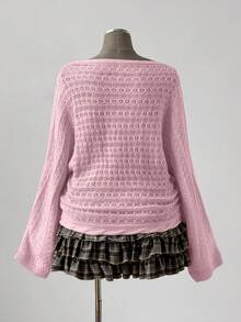 Sunspun Áo len dài tay dáng rộng, màu trơn, kiểu Bohemian/Y2K dành cho nữ, cỡ lớn, có họa tiết khoét lỗ, thích hợp cho kỳ nghỉ và mọi mùa. - Hồng - Xem 2