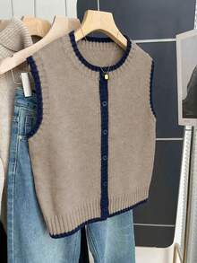Franclia Áo vest len nữ màu kaki dáng rộng cổ tròn phối viền tương phản kiểu Pháp, thích hợp cho mùa thu/đông. - Màu Khaki - Xem 3
