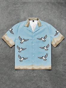 Manfinity Roghcode Camisa casual de manga corta con botones delanteros y estampado para hombres Manfinity EMRG, diseño minimalista para uso diario, camisa de hombre con abotonadura, atuendos de hombre de calle - Multicolor - Ver 2