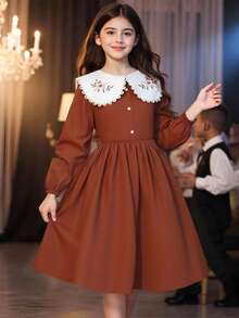 SHEIN Girls' Sweet & Cute Embroidered Collar Dress, Suitable For Commute, Daily, Holiday, Party - Brown - View 1