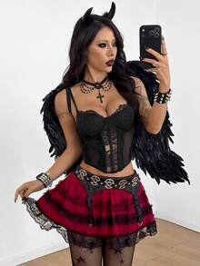 Coolane Women's Spring/Summer Goth Y2K Concert Rave Festival Going Out Rave Renaissance Fair Contrast Lace Black Top - Black - View 5