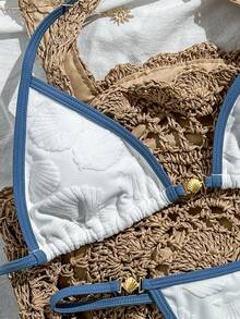 SHEIN Swim 歐美新款性感比基尼套裝女款，綁帶貝殼裝飾三件式泳衣，性感繃帶丁字褲比基尼 - 白色 - 查看 3