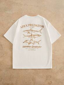 HIMLAND 男士休闲字母鲨鱼印花圆领短袖T恤 - 白色 - 查看 3