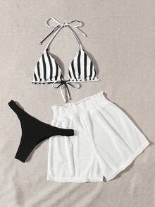 Swim Mod Bộ bikini 3 món kẻ sọc xanh trắng gồm quần bơi và quần short trắng, kiểu dáng giản dị và tối giản, thích hợp cho kỳ nghỉ xuân/hè hoặc tiệc bãi biển. - màu đen - Xem 2