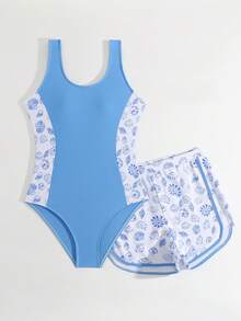 SHEIN 少女连体泳衣,可爱休闲纯色贝壳印花针织连体衣,时尚优雅女士泳装,适合游泳、夏季度假、海滩、泳池、假日派对。蓝色泳衣,适合青少年女孩。蓝色连体泳衣,青少年蓝色贝壳印花泳衣,适合13岁青少年女孩的蓝色泳衣。夏季女孩两件套泳衣,夏季长款短裤,蓝色青少年两件套泳衣,青少年两件套夏季服装,蓝色套装泳衣,适合青少年,全包覆式青少年女孩夏季服装套装,春夏精选,女士夏季套装,女士夏季服装,女士夏季上衣 - 藍色 - 查看 5