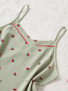 CottageSlumber 樱桃印花吊带背心和裤子女士睡衣套装，夏季家居服 - 綠色 - 查看 4