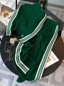 Franclia 女式条纹长袖拉链连帽衫和裤子休闲两件套 - 綠色 - 查看 2