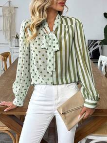 Selamara 女士春秋新款雪纺条纹波点撞色宽松休闲长袖蝴蝶结灯笼袖时尚薄款衬衫 - 綠色 - 查看 1