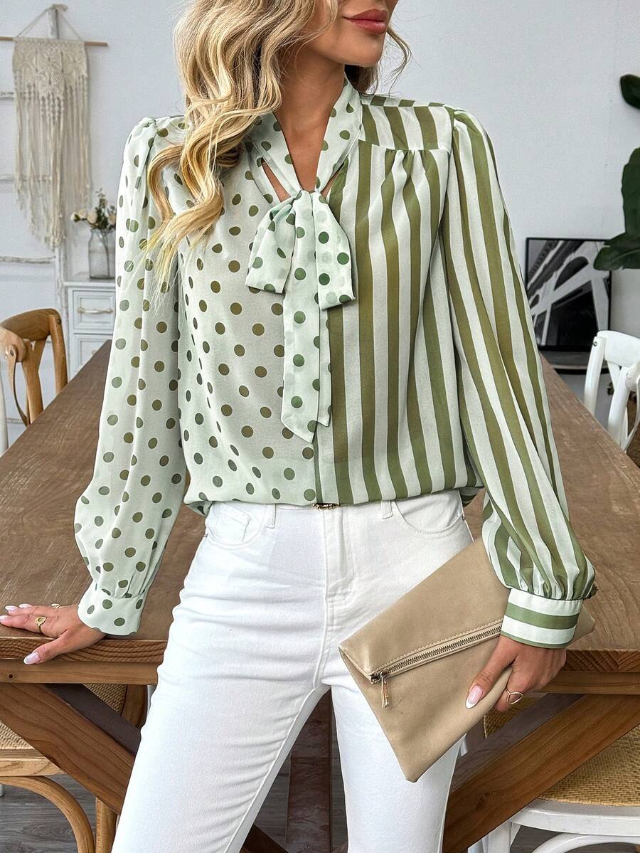 Selamara 女士春秋新款雪纺条纹波点撞色宽松休闲长袖蝴蝶结灯笼袖时尚薄款衬衫 - 綠色 - 查看 1