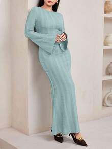 Veilorie 优雅针织提花喇叭袖女式连衣裙 - 藍色 - 查看 7