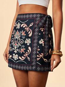 Travachic 女士时尚热带度假系带短裙，适合狂欢节、春假、夏季、情人节、海滩、休闲度假、外出等场合，波西米亚风短裙 - 黑色 - 查看 3