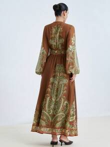 Aveloria Modichic New Elegant Chiffon Digital Placement Vintage Print V-Neck Long Sleeve Maxi Dress - Multicolor - View 3