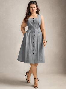 Zelara 大码女式条纹方领单排扣无袖中长连衣裙 - 藏蓝色 - 查看 7