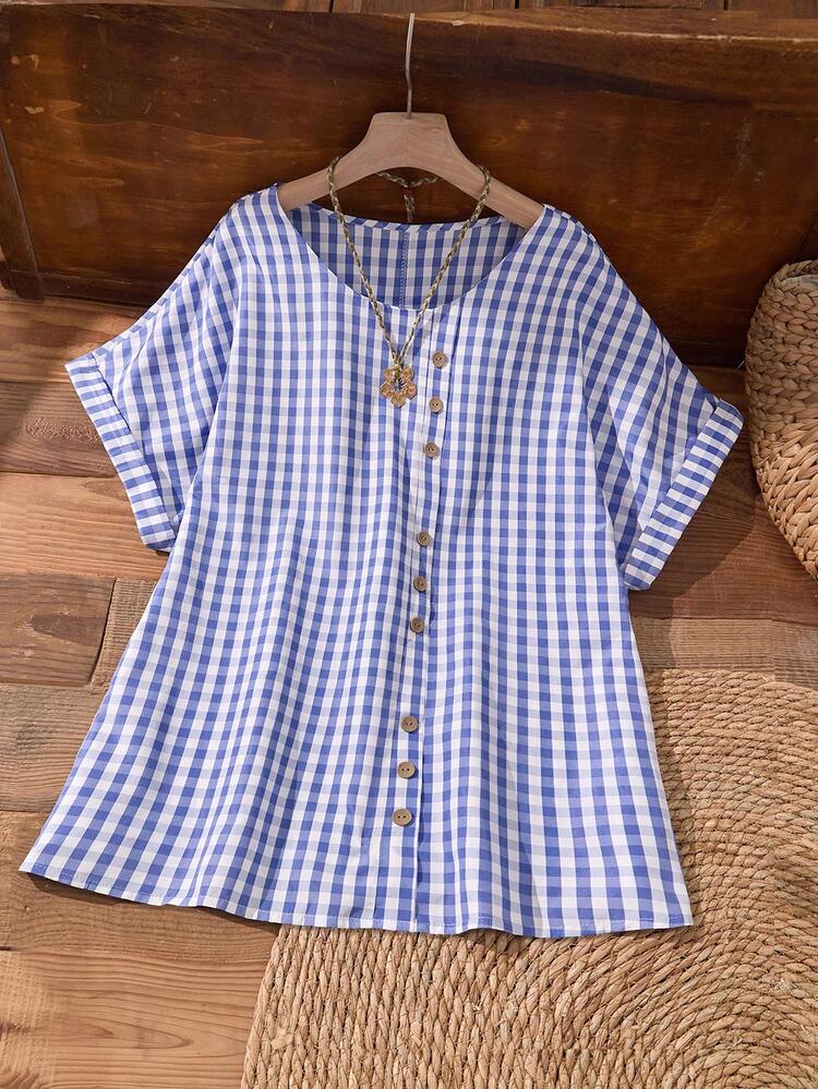Plus Size Casual Plaid Batwing Sleeve Shirt For Summer/ Vacation Summer Top Summer Summer Spring Spring Women Spring Country Style For Women