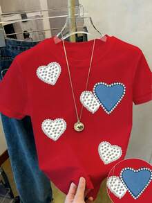 1件少女休闲时尚创意个性化清新别致简约牛仔效果爱心仿珍珠印花舒适基础款短款T恤，适合情人节及所有季节 - 酒紅色 - 查看 6