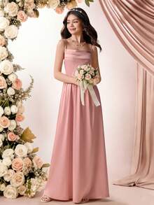 Pitira 少女派对礼服，纯粉色缎面吊带性感露肩开衩下摆优雅修身连衣裙，适合派对、婚礼宾客、正式场合、晚宴、公主裙等各种场合，例如婚礼季、派对、舞会、节日聚会、春假、婚礼、生日派对、舞会、伴娘、正式晚宴、盛大晚会、毕业典礼、春节、花童等。 - 粉色 - 查看 4