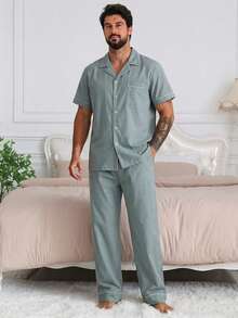 DAZY Conjunto de pijama de camisa de manga corta y pantalones cortos de color azul sólido para hombres, primavera/verano - Azul - Ver 5