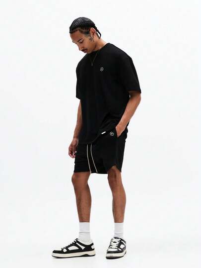 SUMWON Black Oversized T-Shirt And Shorts Co-Ord Set With Small White Logo Print Streetwear Casual Summer Outfit Two Piece Matching Set Loungewear