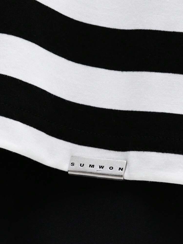 SUMWON Oversized Long Sleeve Crew Neck Striped Jersey T-Shirt For Casual Street Style Weekend Wear Classic Horizontal Stripe Pattern Relaxed Fit Pullover Tee