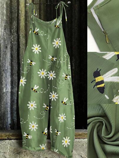EMERY ROSE Plus Size Women Casual Daisy & Bee Print Jumpsuit Women's Green Floral Jumpsuit Green Summer Jumpsuit Green Daisy Bee Print Jumpsuit Olive Green Jumpsuit Daisy Print Women Women's Green Sleeveless Jumpsuit Floral Print Wide Leg Jumpsuit Green Summer Romper Green Daisy Bee Print Overall Olive Green Overalls