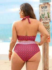 Swim Lushoire 大码女士性感比基尼套装，高腰蝴蝶结挂脖拼接数码印花泳衣，适合海滩派对和度假 - 彩色 - 查看 2