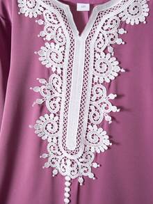 1pc Girls' Modest Water-Soluble Lace Trim 3/4 Sleeve Dress, Regular Thickness Woven Fabric, Suitable For Daily Wear, Outings, Festivals, Parties In Middle East Region, Fits Girls Aged 8-12, Spring/Summer - Red Violet - View 4