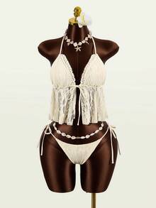 Elamini 女士蕾丝拼接露背扭结露脐短款上衣和侧系带三角比基尼两件套泳衣