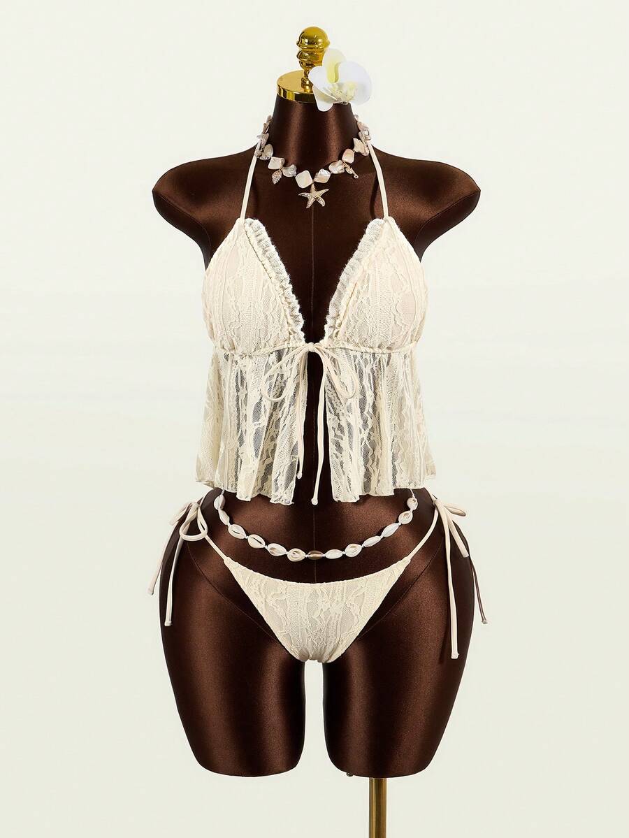 Elamini 女士蕾丝拼接露背扭结露脐短款上衣和侧系带三角比基尼两件套泳衣