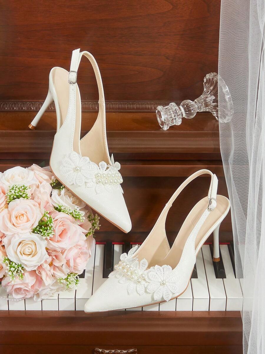 CUCCOO HITCHD Women's Pointed Toe High Heel White Pearl Lace Flower Backstrap Pumps, Bridal Wedding Party Evening Shoes, Backless Heels - White - View 1