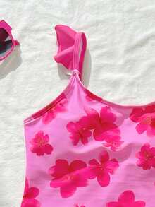 SHEIN 少女碎花荷叶边连体泳衣，带罩裙，适合游泳、度假、夏季海滩 - 粉色 - 查看 4