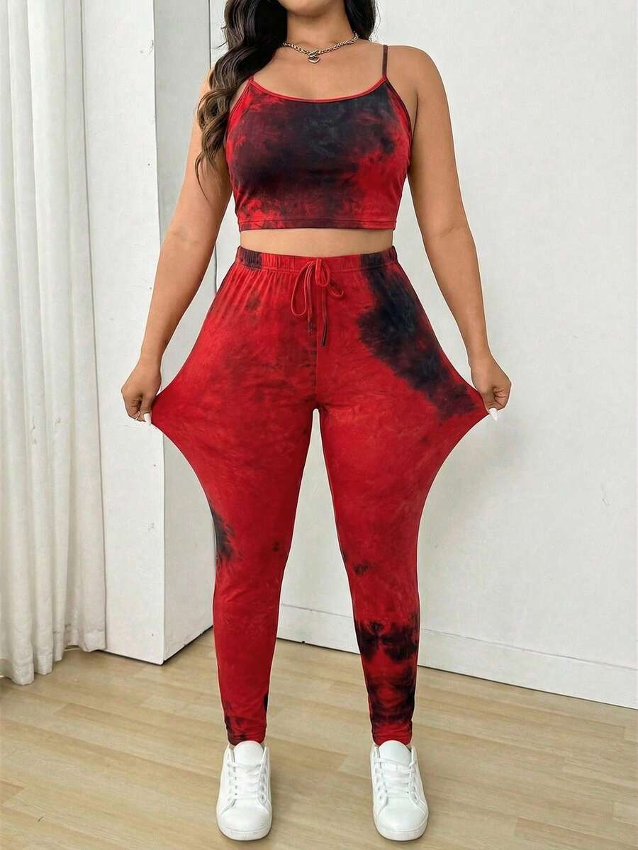 SHEIN EZwear 大码扎染吊带背心和裤子两件套（扎染图案随机） - 酒紅色 - 查看 1