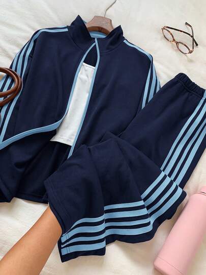 Comfortcana Plus Size Casual Sporty Blue Ribbon Two Pieces Set