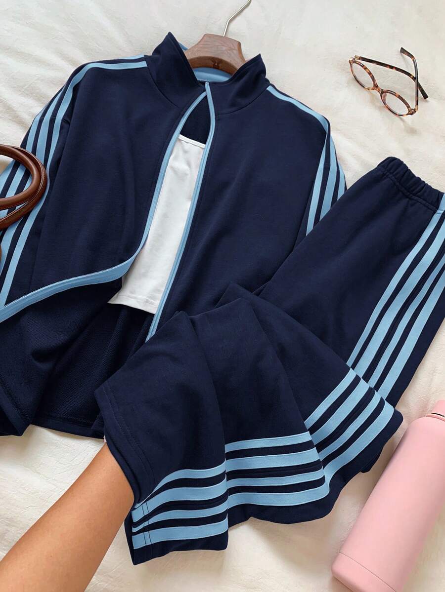 Comfortcana Blaues Ribbon Zweiteiler Set in Große Größen, Lässig und Sportlich - Blau - Übersicht 1
