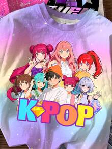 SHEIN Casual Stylish Street Fashion Cute Cartoon Anime Young Girl Band Graphic T-Shirts, Adorable Anime K-POP, Cream Pink, Tie Dye Tie-Dye, Black & Purple Color Block - Multicolor - View 3
