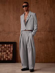 AKNOTIC Business Casual 男士梭织休闲宽松长袖外套和直筒裤两件套 - 灰色 - 查看 4