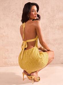 Glamine Đầm nữ màu trơn đính sequin, trang trí kim loại, khoét rỗng, kiểu dáng gợi cảm, cổ yếm, thích hợp cho các dịp tiệc tùng. - gừng - Xem 7