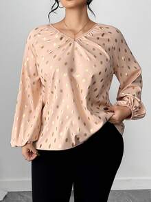 Elenzga Blusa elegante de manga farol con cuello en V y estampado de puntos dorados, talla grande, otoño - Albaricoque - Ver 3