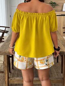 Weeklong Plus Size Casual Vacation Style Solid Color Off-Shoulder Top And Fruit Print Shorts 2 Pieces Set