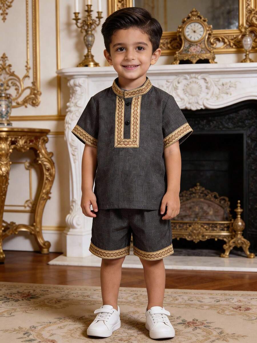 2pcs Young Boy Ribbon Decor Mandarin Collar Short Sleeve Shirt + Shorts Set, Suitable For Summer Wear Dress Up Boys Short Set - Dark Grey - View 1