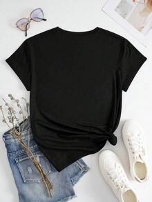 SHEIN LUNE 女士加大码爱心、字母和三叶草图案圆领短袖T恤，休闲款，Not Lucky Simply Romans 4:78 图案T恤，女士上衣 - 黑色 - 查看 2