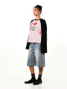 SUMWON WOMEN 宽松廓形插肩长袖印花T恤，印有“我爱纽约”心形图案，秋冬休闲波点款，适合情人节穿着。 - 彩色 - 查看 5