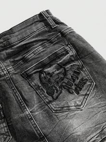 ROMWE Grunge Punk Y2K 坏女孩骷髅刺绣铆钉装饰超低腰女士牛仔迷你裙 - 灰色 - 查看 4