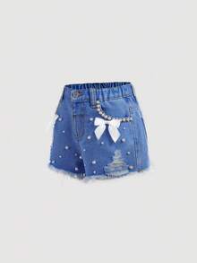 SHEIN Young Girl White Faux Pearl Decor Ribbon Bowknot Blue Denim Ripped Shorts, Spring And Summer Casual Vacation Country Boho Wear, Beach, Western Street Wear For Girl, Spring Break, Rave Festival Denim Shorts - Medium Wash - View 4