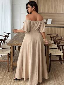 SHEIN LUNE Robe casual grande taille de couleur unie avec épaule asymétrique et décoration florale 3D - Kaki - Voir 2